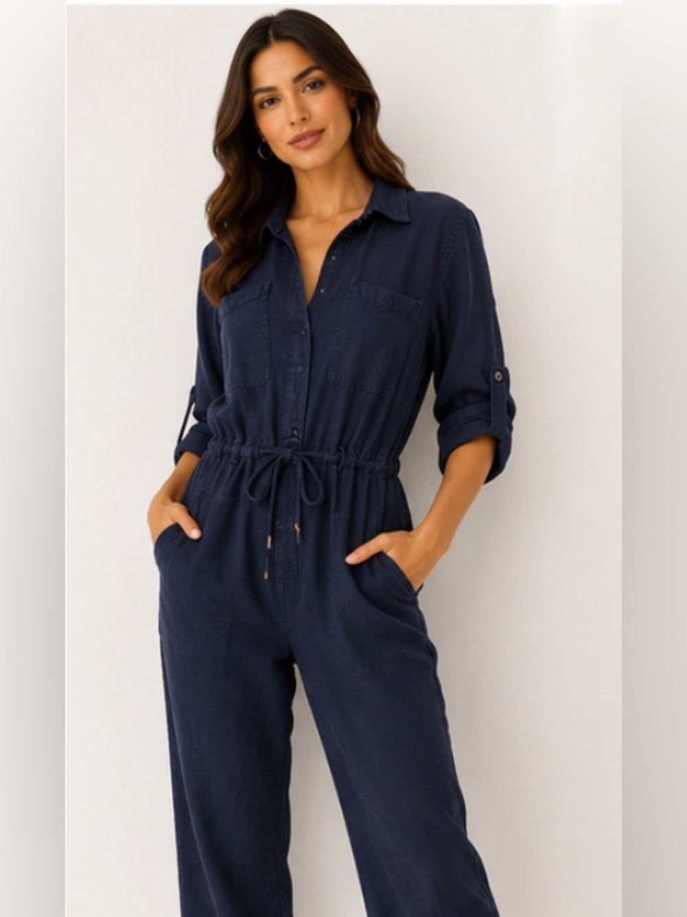 YFB Womens Navy Utility Jumpsuit with Drawstring Waist Large